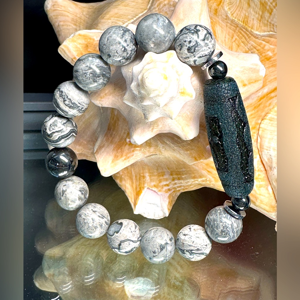 Picasso Jasper +Tibetan Agate Natural Bracelet Size 7”